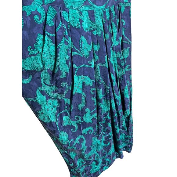 Vintage 80s does 40s Blue Green Silk Dress Draped Skirt Batwing Sleeve Size 0 XS - Picture 3 of 4